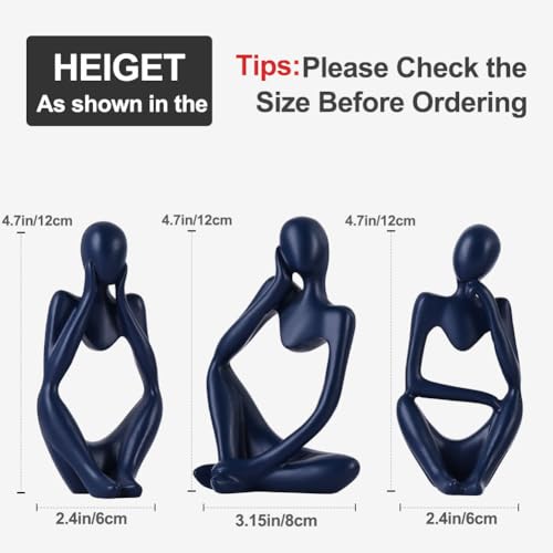 Navy Blue Thinker Statue Decor for TV Stand, Shelf, Desk, or Coffee Table - Set of 3 Resin Figurines for Living Room Decorative Objects, Modern Sculpture, Minimalist Bookcase Decor, Home Accents - color: Blue