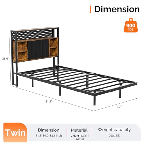 VINGLI Floating Bed Frame Twin Bed with Charging Station and LED Lights,Twin Metal Bed Frame,Cozy Hidden Storage Velvet Upholstered Headboard,No Box Spring Needed,Easy Assembly,Black - color: Industrial Brown, size: Twin