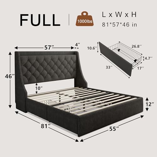Einhomn Full Size Bed Frame with 4 Storage Drawers, Upholstered Bed Frame with Large Wingback Headboard, Charging Station, No Box Spring Needed, Dark Grey - color: Dark Gray, size: Full