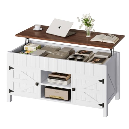 47.3“ Lift Top Coffee Table with Storage - White Coffee Tables for Living Room, Farmhouse Wood Center Table, Large Rectangle Middle Tables with Hidden Compartment & Adjustable Shelf - color: White and Walnut
