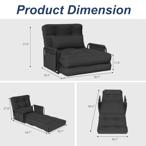 Futon Sofa Bed,Convertible Sofa Bed,Folding Boneless Couches | 3-in-1 Folding Sofa Bed,Boneless Couches for Living Room with Pillow & Side Pocket,High-density Foam,Single Sleeper,Black - color: Balck, size: Single