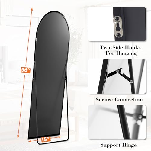Sweetcrispy 56"x15" Arched Full Length Mirror, Full Body Mirror, Black | Aluminum Alloy Thin Frame, Floor or Standing, Suitable for Bedroom, Living Room, Cloakroom - color: Black-arched, size: 56"L x 15"W
