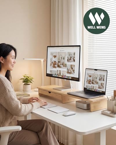 42” Monitor Stand with Large Drawer Keyboard Storage,Bamboo | Dual Computer Monitor Riser Shelf for 55-72 Inch Desk Aesthetic Workplace Computer Setup Desktop Organizer Easy Assembly - color: Natural Bamboo, size: 42" with Drawer