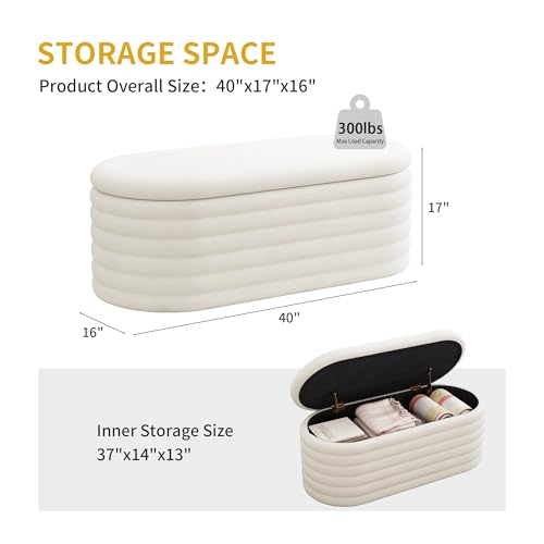 Storage Ottoman Bench 40 inch Upholstered Chenille Fabric Storage Bench for Bedroom End of Bed Stool Aesthetic Large Storag Ottoman for Living Room Entryway,Beige White | Chenille Fabric Storage Ottoman, End of Bed Stool,Large Bench Hidden Storage,No Asse