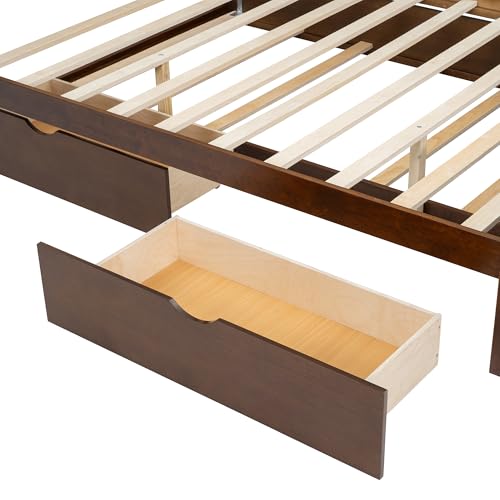 Queen Size Bed Frame with Trundle and Drawers for Aldults, Walnut | Mid Century Bed Frame with Rattan Headboard, No Box Spring Needed, Space Saving