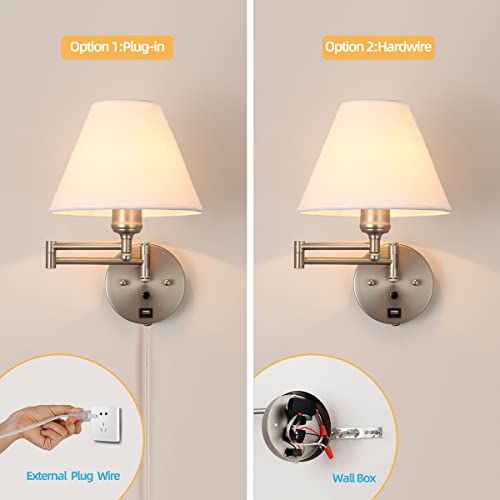 Swing Arm Wall Sconces, Plug-in Wall lamp,Bedroom Wall lamp , White Fabric Shade,,with dimmable Switch and USB Charging Port, Suitable for Bedside, Living Room, Reading (Nickel) - color: Nickel