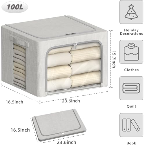 4 Pack Clothes Storage Bins with Metal Frame - 100L Stackable Storage Box with Lid,Foldable Storage Container Organizer for Clothes,Linen Fabric Storage Box with Clear Window&Zippers&Handles - color: Light Grey, size: 100L