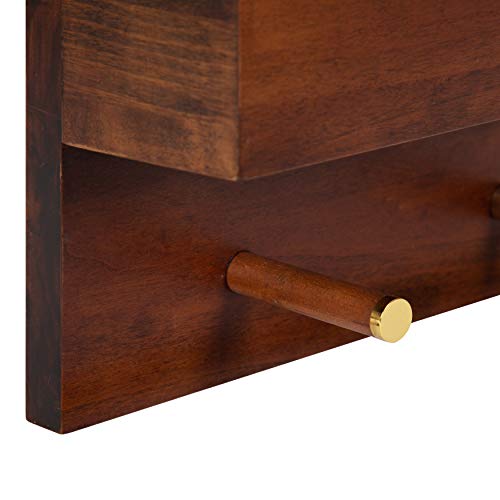 Kate and Laurel Hinter Mid-Century Framed Wall Mirror with Pocket Shelf, 24 x 24, Walnut Brown, Organizing Mail Holder and Wall Hooks