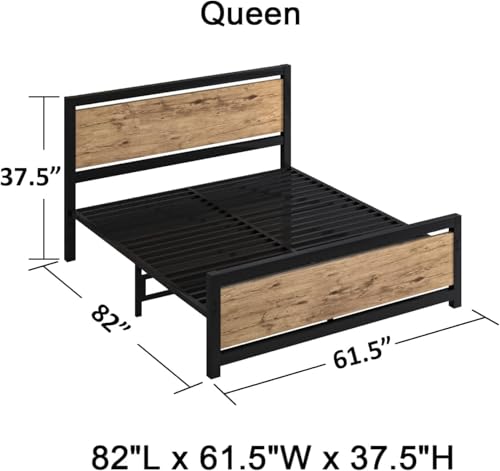 Queen Bed Frame with Headboard, Queen Metal Platform Bed Frame with Steel Slat Support, 10.5 in Storage Clearance, No Box Spring Needed, Easy Assembly, Black Brown - color: Black&brown, size: Queen