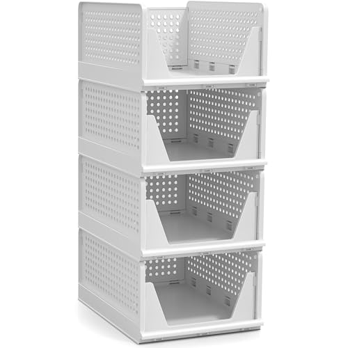 Sorbus 4 Pack Medium Shelf Organizer with Open Front Design Under Shelf for Closet Bathroom Kitchen Garage Plastic Stackable Storage Baskets - size: 4 Medium