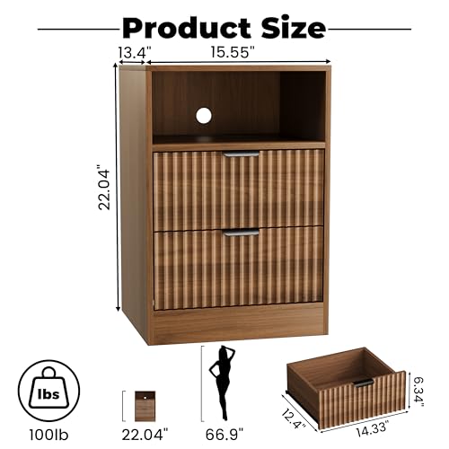 LED Nightstand with Charging Station, Fluted Nightstand Set of 2, Wood Nightstands with 2 Drawers & Metal Handles, Modern Bedside Table & End Tables, Farmhouse Night Stands for Bedroom, Walnut - color: Walnut, style: LED 2 Drawers-2 PCS