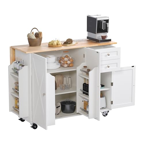 50.4" Kitchen Island with Drop Leaf & Power Outlet, Farmhouse Rolling Island Cart with 3 Spices Shelves on Wheels, Mobil Kitchen Island Table with Rubberwood Countertop Towel Rack, White - size: White