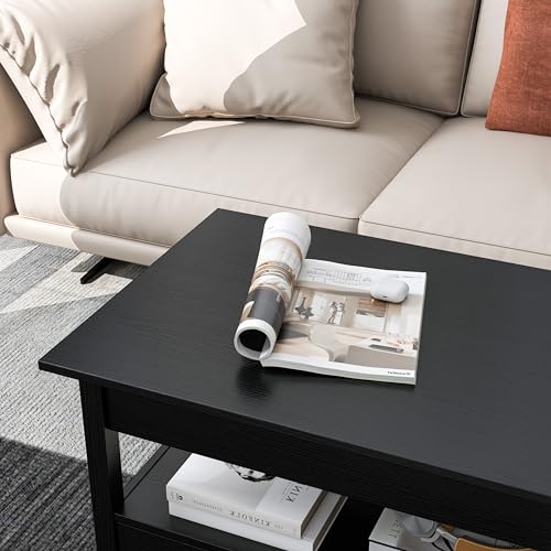 Panana Coffee Table, Lift Top Coffee Table with Hidden Compartment, 2 Drawers and 1 Open Shelf, Retro Central Wooden Table Lift Tabletop for Living Room (Black) - color: Black