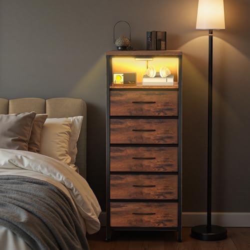 OLIXIS Nightstand with Charging Station, 5 Fabric Drawers Bedside Table | Night Stand with USB Type-C Ports, AC Outlets, Dimmable LED Light, Tall Narrow End Table for Small Bedroom, Rustic Brown - color: Rustic Brown, size: 15.7"Dx11.8"Wx39.4"H(5-Drawer)