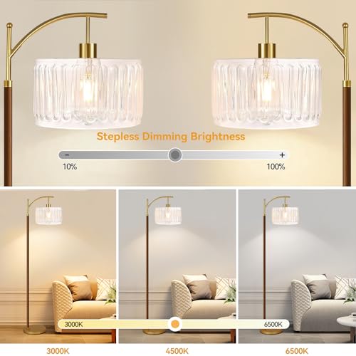 ILLMTW Arc Floor Lamp for Living Room,Bedroom,Glass Mid Century Modern Standing Lamp with Remote Dimmable,Wood Vintage Gold Tall Lamp White Lamp Shade Floor Lights Boho Bohemian Tiffany Style - size: 6-Floor Lamp