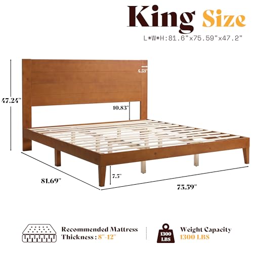 AMERLIFE King Size Solid Wood Platform Bed with Mid Century Style, Brown | Solid Wood Frame, Mid Century Modern Style, Wood Slat Support, Platform Bed Design - color: Brown, size: King