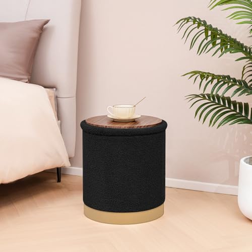 Round Storage Ottoman with Reversible Tray Top, 16.3" Boucle Ottoman Footrest Stool with Metal Base, Upholstered Vanity Stool with Storage for Living Room Bedroom, Black - color: Teddy-black