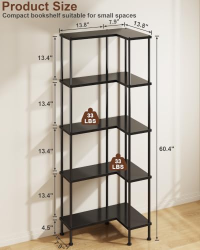5-Tier L-Shaped Corner Bookshelf, 60" Tall Modern Corner Shelf | L-Shape Corner Fits Living Room, Bedroom, or Home Office Corners, 5 Open Shelves, Display Rack for Books, Plants, and More - color: Black, size: 5 Tier