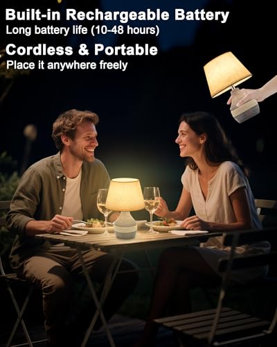 10" H Small Rechargeable Cordless Ceramic Table Lamp, Coastal | Remote Control RGB, Warm White Light, Timer, Dimmer, Battery Operated Lamp for Bedroom, Living Room, Kitchen, Linen Shade - size: Mini-10"H