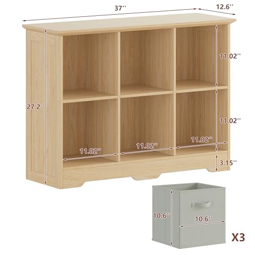 VORONOI 6 Cube Storage Organizer with 3 Fabric Drawers and Removable Shelves — Modular Cube Bookshelf for Bedroom, Living Room, or Home Office, Short Cube Bookcase for Toys, Decor,Natural Wood - color: Natural Wood, size: 6-Cube