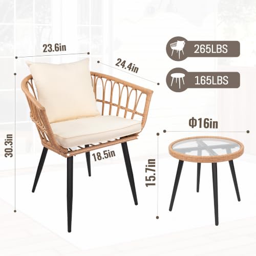 New 3 Piece Patio Bistro Set for Porch Backyard Lawn Poolside Deck, Beige | Handcrafted PE Rattan, Weather-Resistant, Modern Bohemian Design, Easy-Clean Surface, Compact Space Fit - size: NEW 3 Pieces