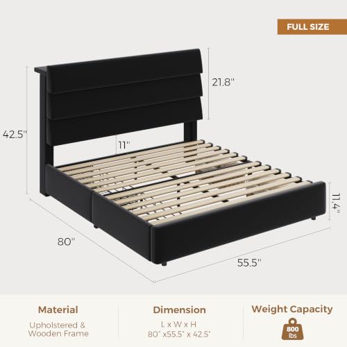 Jocoevol Black Full Size Bed Frame with 2 Storage Drawers & Headboard Shelf | Velvet Upholstered Platform Bed with LED Lights & Charging Station, Wooden Slats Support, No Box Spring Needed - color: Black, size: Full