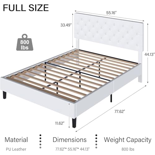 REVOMINCA Full Size Platform Bed Frame with Headboard, White | Faux leather upholstery with wooden slat support, no box spring needed. - color: White, size: Full