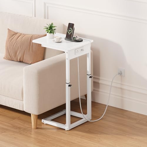 C Shaped End Table with Charging Station, C Table End Table Adjustable Height Sofa Table, Side Table for Couch, Couch Table that Slide Under, TV Tray Arm Table for Living Room,Bedroom, White - color: White, style: Charging Station