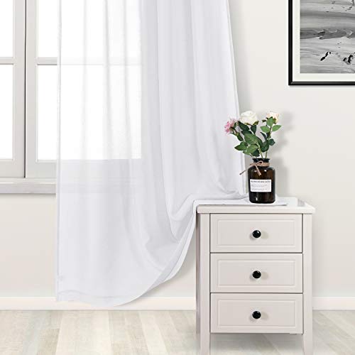 DWCN White Faux Linen Sheer Curtains - Grommet Voile Window Curtain Drapes for Bedroom Living Room 46 x 54 inch Length, Set of 2 - color: White, size: 46"W x 54"L (Pack of 2)