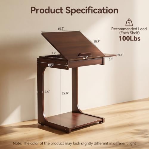 Mazatzal C-Shaped End Table with Wheels, Bamboo, Walnut | Rolling Couch Table, Ultra-Silent Casters, 5-Angle Adjustable Desktop, Foldable Shelf, for Living Room Home Office