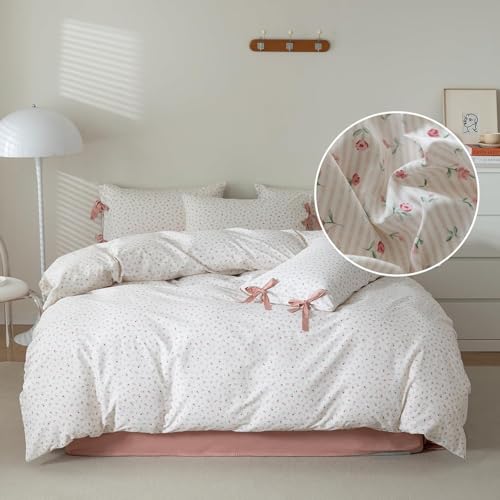 Pink Flower Duvet Cover Twin Vintage Floral Pink Stripes Duvet Cover Cotton Floral Blossom Comforter Cover Cottagecore Bedding Sets with 2 Bowknot Pillowcases Girls Botanical Floral Duvet Cover Set - color: A1# 01-3 Bow Tie Pink Floral, size: Twin(68"x86"