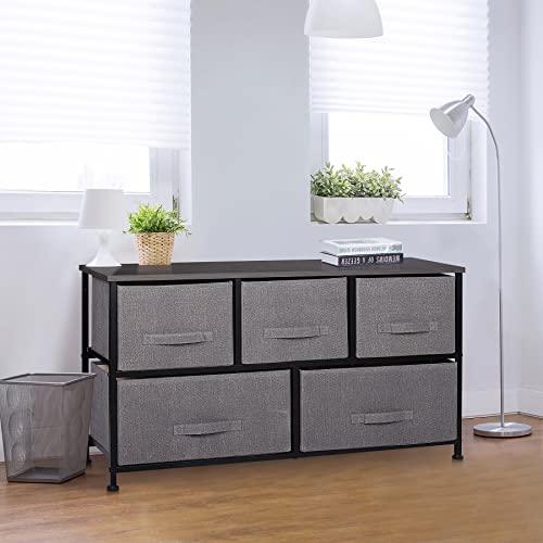 ZENY Extra Wide Dresser Storage Tower - Storage Tower Unit for Bedroom, Hallway, Closet, Office Organization - Steel Frame, Wood Top, Easy Pull Fabric Bins - 5 Drawers, Grey Top - color: Grey