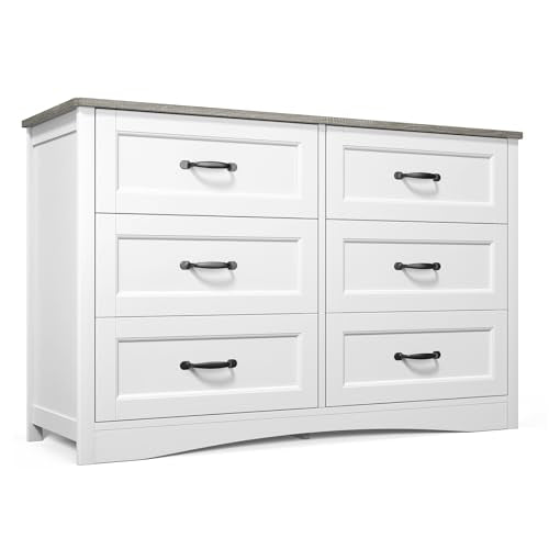 Gizoon 47" 6 Drawer Dresser, White & Grey Chest of Drawers Bedroom | 6 drawer wood dresser with metal handles. Storage cabinet organizer for bedroom, kids nursery room and home office - color: Grey