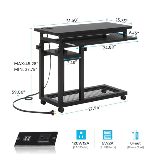 Tribesigns Small Portable Desk with Power Outlet, Height Adjustable Sofa Couch Bedside Laptop Table with Wheels, Mobile Standing Desk Rolling Computer Cart C Side Table with USB Ports - color: Black