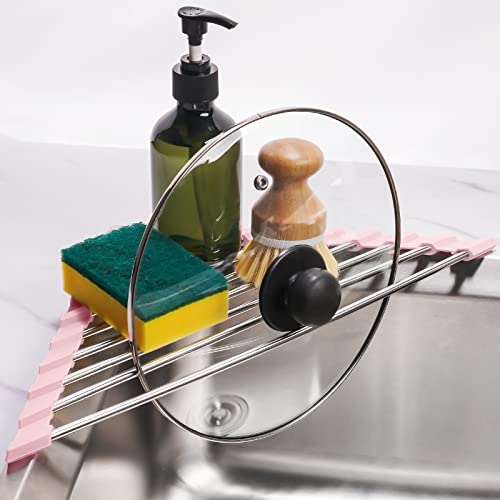 Tomorotec Triangle Foldable Dish Drying Rack, Small Roll-Up Stainless Steel Over Sink Drainer for Kitchen Sink Corner, Rustproof Multipurpose Organizer(Pink) | BPA-Free Food-Grade Silicone Edges Foldable Waterproof Rustproof Heavy-Duty Space Saver Heat Re