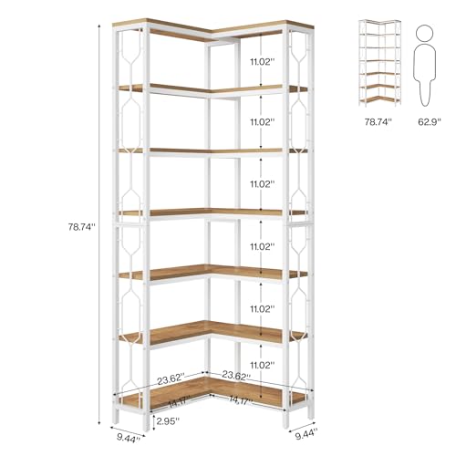 Tribesigns Corner Shelf, 7-Tier Industrial Corner Bookshelves and Bookcases | Corner Display Shelf for Living Room, Wood and Metal Bookshelf, Corner Bookcase for Home Office, Wood and White - color: White and Walnut