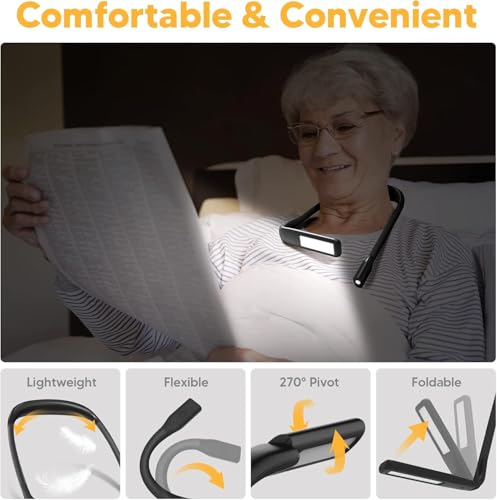 Neck Light, Rechargeable Reading Light, 3 Color Stepless Dimming | Eye-friendly Book Light, Hands-Free Neck Lamp for Reading, Knitting, Crochet, Crafting, Sewing, Camping, Book Lovers Gifts - color: Black