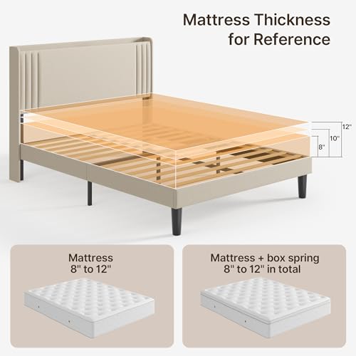 Gizoon Queen Bed Frame with Charging Station and LED Lights | Upholstered Wingback Platform Bed with Padded Headboard,Wooden Slats,Noise-Free,No Box Spring Needed, Easy Assembly,Beige - color: Beige+led, size: Queen