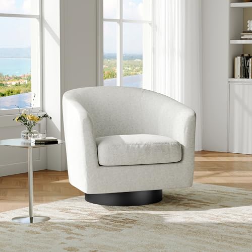 Swivel Barrel Accent Chair, Comfy Reading Armchair, Cream Beige, Set of 1 | Club Chairs for Adults, Low-Back Design, Modern Round Style, Solid Wood Frame & Metal Swivel Base, For Living Room & Bedroom - color: Cream Beige