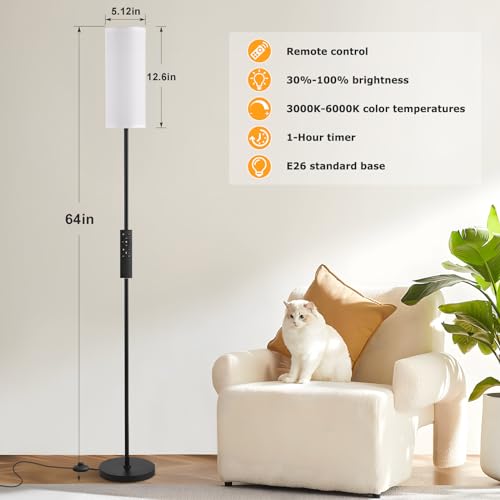 64" Modern Floor Lamp with Remote Control, 9W Bulb Included | Floor Lamps for Living Room, Stepless Dimmable Colors Temperature & Brightness, Standing Lamps for Living Room Bedroom Office - color: White, size: 64.57 inches Round Shade