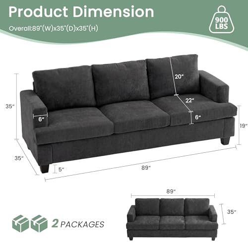 YOUDENOVA 2 Piece Set Comfy Sofa Couch, 2 3-Seater Sofa with Deep Seats, Modern Sleeper Couch for Living Room, Dark Grey Chenille - color: Dark Grey Chenille, size: 3-Seater*2