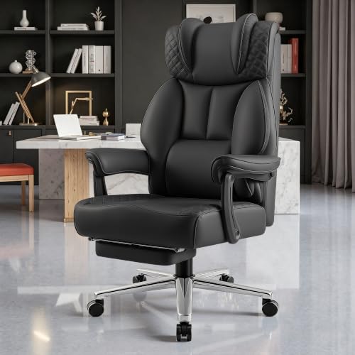 BestGlory Office Desk Chair, Big and Tall Leather Gaming Chair with Footrest, Ergonomic Comfy Executive High-Back Reclining Computer Chairs, Wide Swivel Rolling Wheels and Padded Lumbar Support, Black - color: Black 2.0, style: Freely Reclining