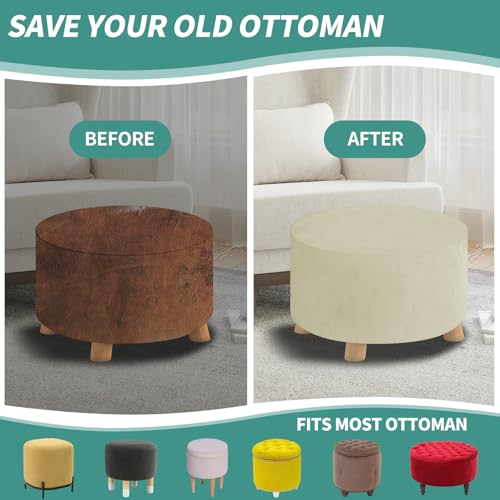 MAXIJIN Velvet Ottoman Slipcover - Round Foot Stool Cover - Thick Washable Beige Medium Size - color: Beige, size: 14"D x 14"W x 15"H
