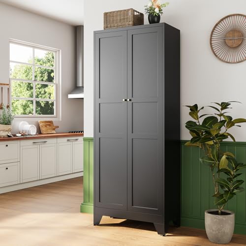 75" H Metal Storage Cabinet with 2 Doors and 4 Shelves,Tall Kitchen Pantry Cabinets,Farmhouse Utility Pantry Organizers for Cupboard/Dining/Bathroom/Home Office/Garage Room,Black - color: Black, size: 16โ D x 32โ W x 75โ H-B