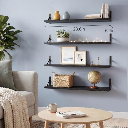 YGEOMER 23.6in Floating Shelves for Wall Home Decor, Black, Wood, Set of 4 | Rustic wood shelves with metal brackets. Space-saving for books & decor. Works in bathroom, kitchen, living room & bedroom. - color: Black, size: 23inch Standard