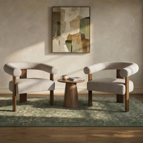 VKNOW Barrel Accent Chair, Vanity Chair with Armrests and Walnut Wood Legs | Mid Century Modern Upholstered Living Room Chairs with Open Back, Faux Mohair Fabric, for Living Room, Bedroom, Brown - color: Brown(walnut Legs), size: Set of 1