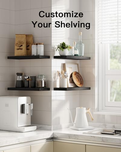 Amada Paulownia Wood Floating Shelves for Wall, Set of 4, Black | Wall Shelves with Solid Metal Concealed Brackets, 22 lbs Capacity per Shelf, Includes Drilling Template, Flexible 4-Piece Set - color: Black, size: 4