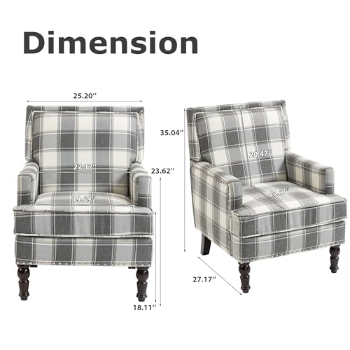 Accent Chair, Plaid Gingham Comfy Cozy Modern Accent Chairs | Mid-Century Upholstered Lounge Arm Chair with Solid Wood Frame for Living Room/Bedroom-Gray Plaid - color: Sackcloth-gray Plaid(s001)
