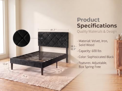 Twin Size Bed Frame with Adjustable Diamond Headboard,Velvet Fabric Upholstered Platform Bed,No Box Spring Needed, Easy Assembly, Noise Free, 600 lbs Capacity, Under Bed Storage for Small Space,Black - color: Black-1