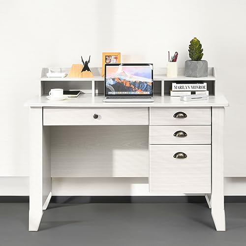 48" Computer Desk with 4 Storage Drawers and Hutch Wood Executive Table for PC Laptop